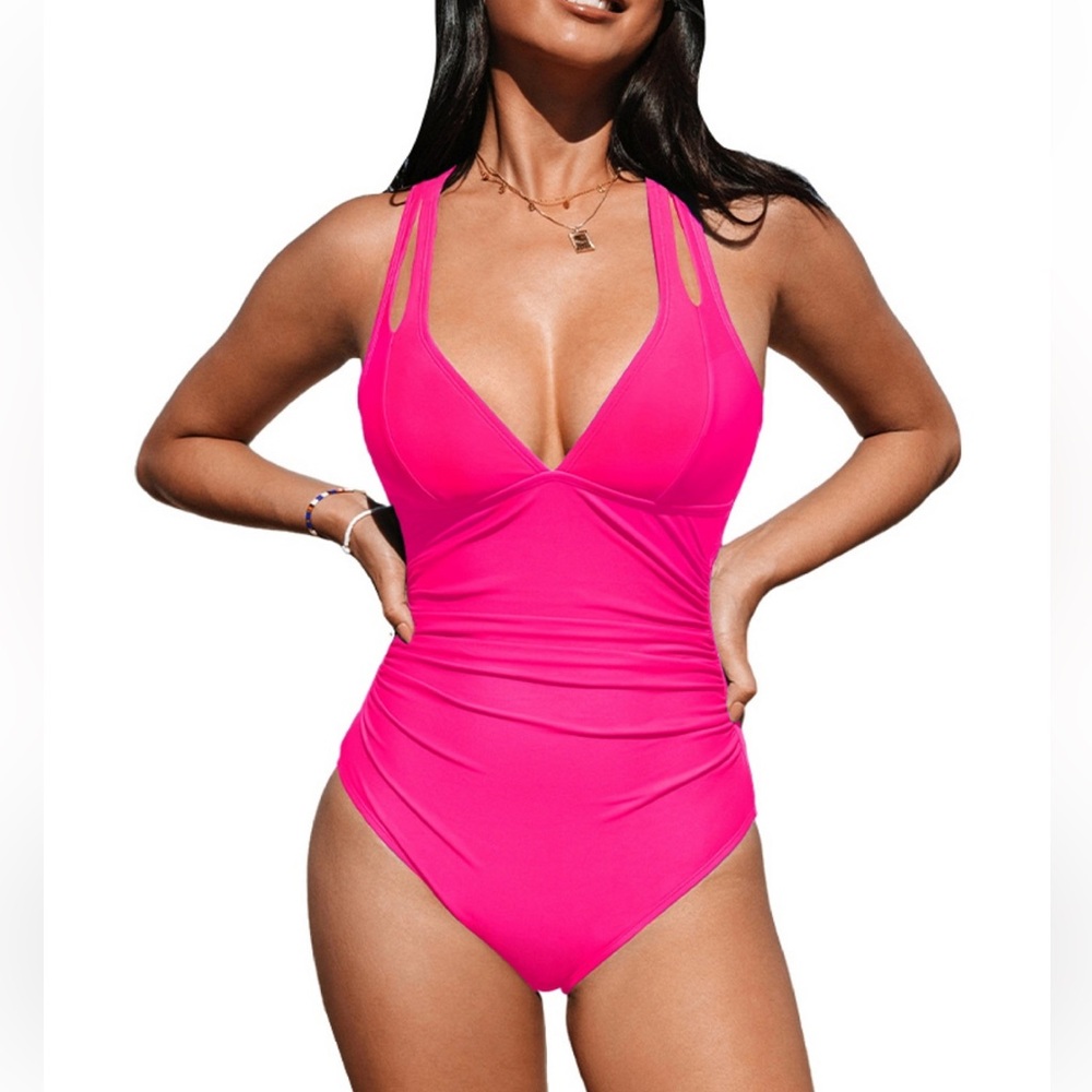 NWT Cupshe Women's Release Happiness Ruched Cross Back One Piece Swimsuit